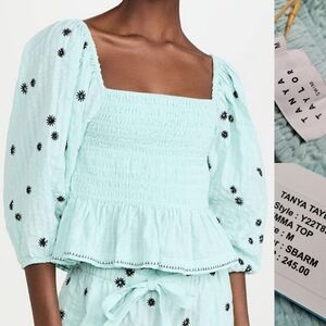 $245 TANYA TAYLOR smocked peasant puff green dot long sleeve top MEDIUM M NWT